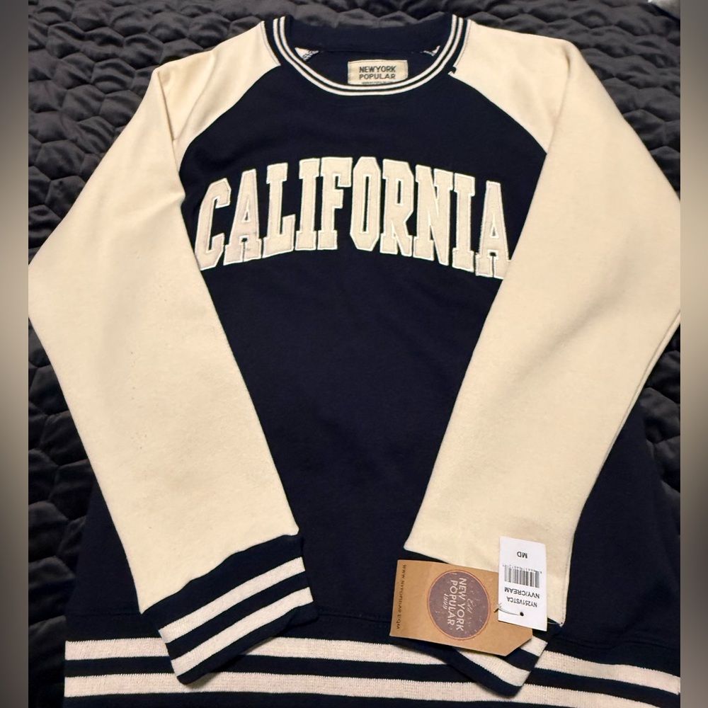 NWT California Navy & Cream Varsity Style Sweatshirt- Size Medium
